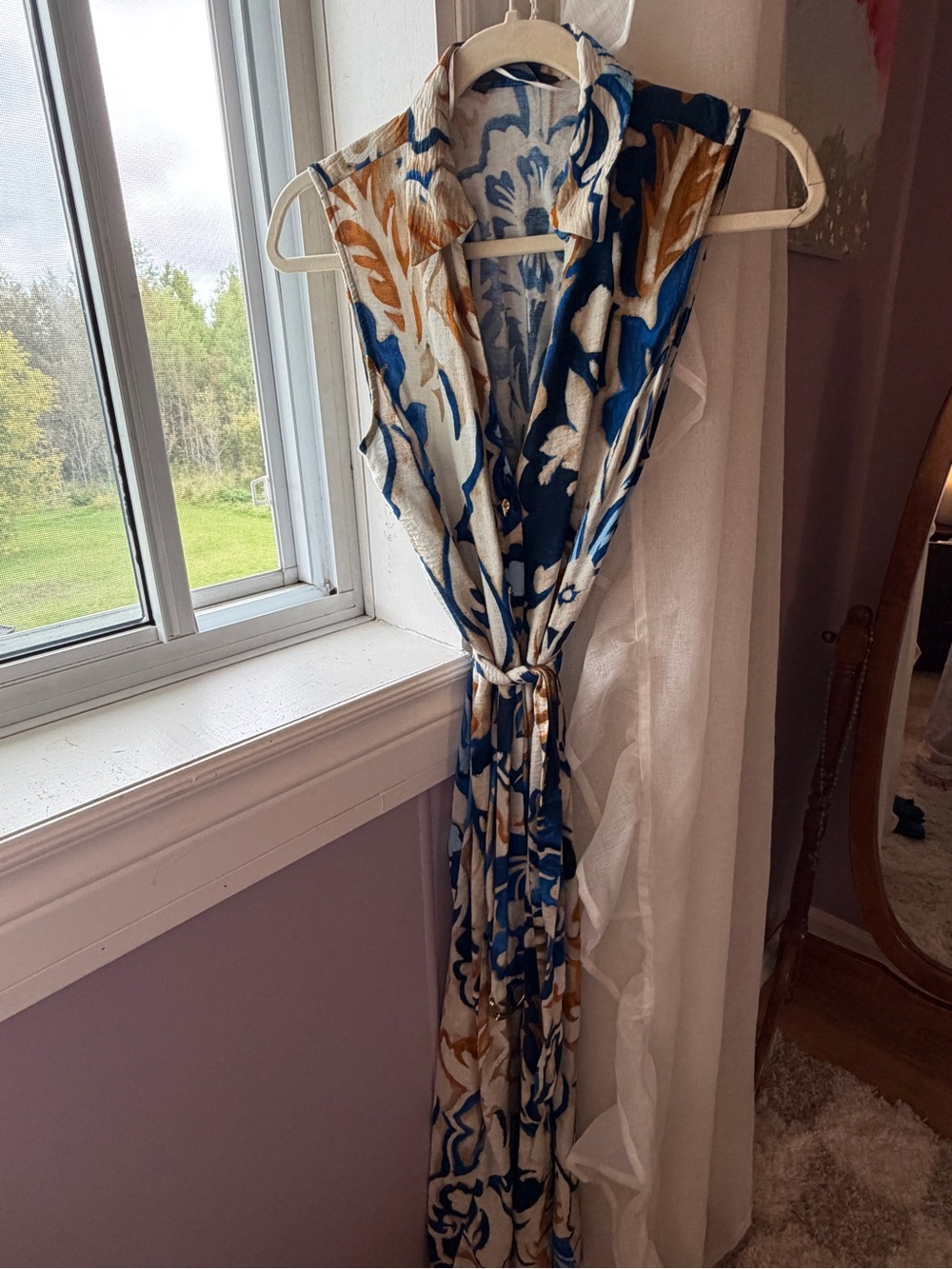 Zara Sleeveless Floral Maxi Wrap Dress in Blue and Cream with Tan Accents